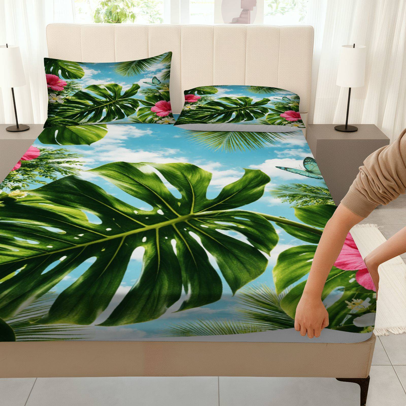 ชุดผ้าปูที่นอนลายดอกชบาเขตร้อน - Fitted Bed Sheets Deep Pocket บทวิจารณ์และราคา