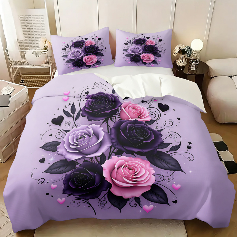 ชุดผ้าห่มลายดอกกุหลาบสีม่วง ดำ - Aesthetic Floral Duvet Cover บทวิจารณ์และราคา