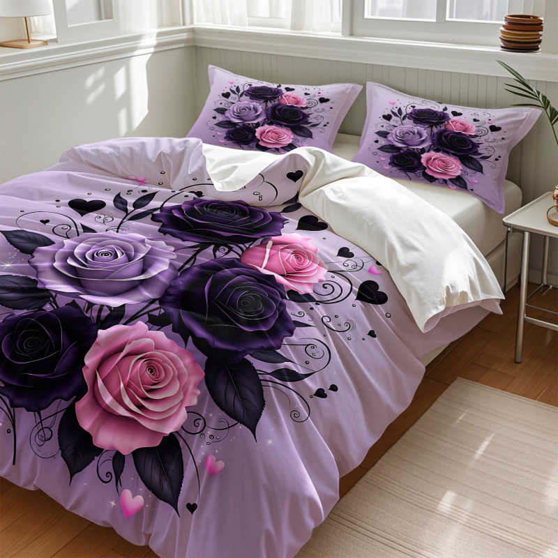 ชุดผ้าห่มลายดอกกุหลาบสีม่วง ดำ - Aesthetic Floral Duvet Cover บทวิจารณ์และราคา