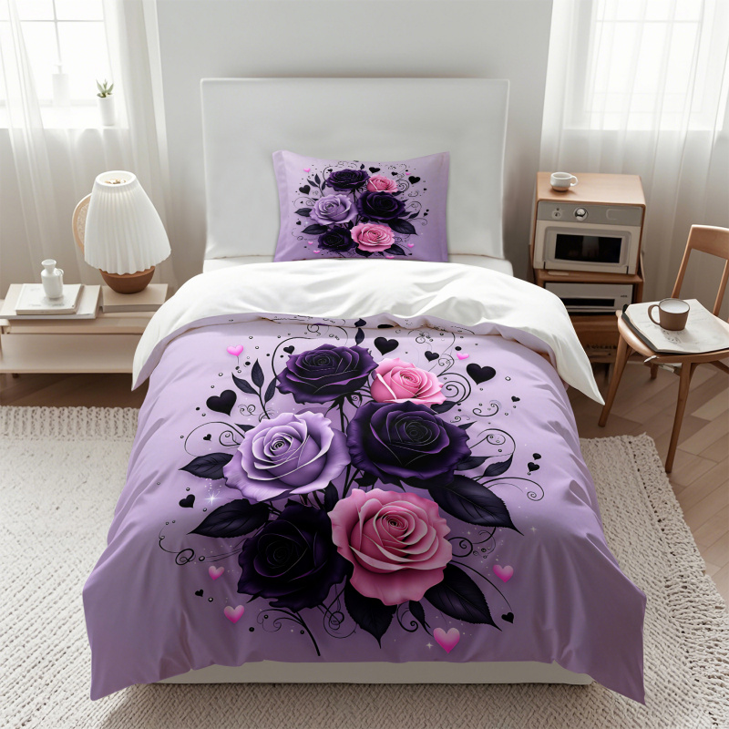 ชุดผ้าห่มลายดอกกุหลาบสีม่วง ดำ - Aesthetic Floral Duvet Cover บทวิจารณ์และราคา